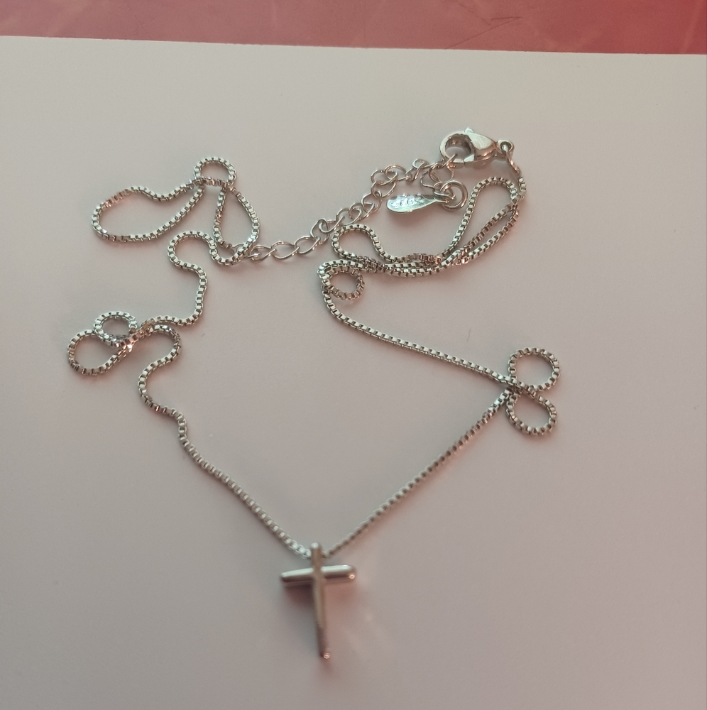 Silver 925 Cross Pendant Necklace 16 Inch Chain 2 Inch Extenter